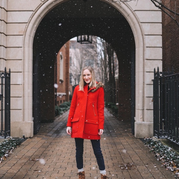 J. Crew Chateau Parka Coat In Stadium Cloth Red With Removable Fur Hood | Size 6 - Picture 3 of 13